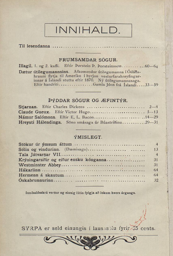 An image of the table of contents of a magazine. The text is printed in one column of black ink with headings and subheads in slightly larger font. The paper is faded with age. There is a horizontal decorative item along the bottom of the page.
