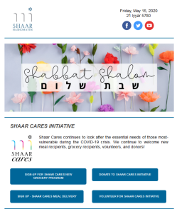 Excerpt from a synagogue newsletter which includes a graphic wishing a Shabbat Shalom, as well as opportunities to volunteer during the Covid-19 Pandemic.