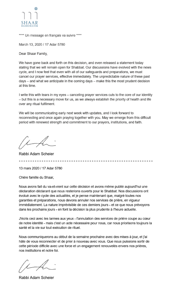 A letter by Rabbi Adam Scheier in both English and French noting the synagogue's closure due to the Covid-19 pandemic.