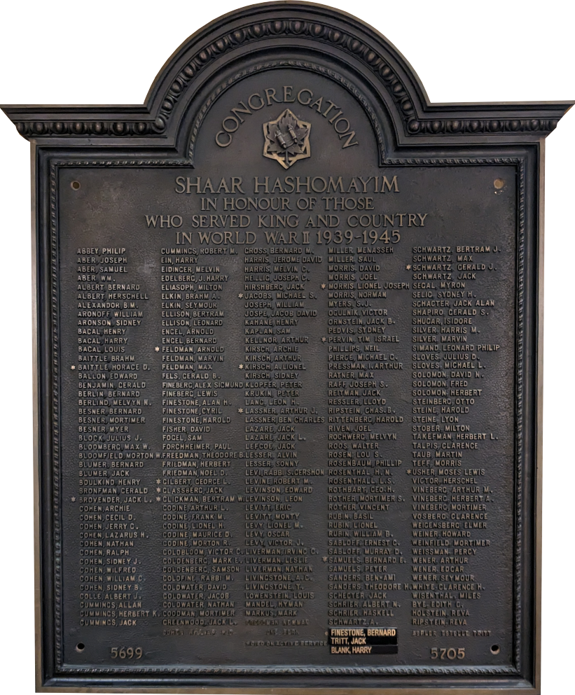 A bronze memorial plaque showing the names of men and women from Congregation Shaar Hashomayim who served in World War II. The names of those who died in service are marked with a star.
